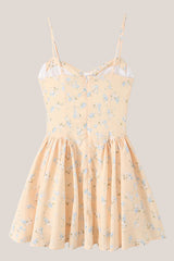 Spaghetti Straps Warm Rose Print Cotton Mini Dress in Yellow