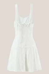 Square Neck A-Line Lace Cotton Mini Dress in White