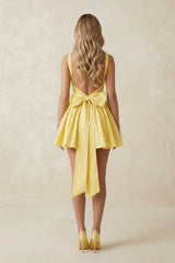 Square Neck A Line Satin Mini Dress with Back Bow in Yellow