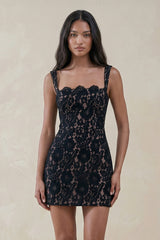 Square Neck Lace Sheath Mini Dress in Black