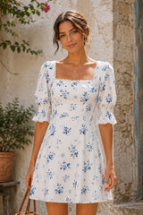 Square Neck Vintage Rose Printed Cotton Mini Dress in White