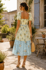 Sweetheart A-Line Vintage Rose Printed Cotton Mini Dress in Yellow
