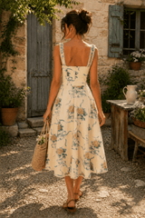 Sweetheart Vintage Rose Printed Cotton Midi Dress in Yellow