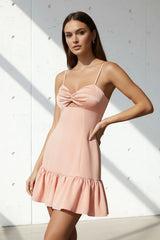 Twist-Front Ruffled Hem Mini Dress in Blush Pink