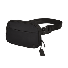 The Vertx Everyday Fanny Pack 2.1 by Vertx is a black EDC waist pack with an adjustable strap and buckle, featuring a front pocket, two zipper pulls with tags, and compatibility with ballistic panels for added security.