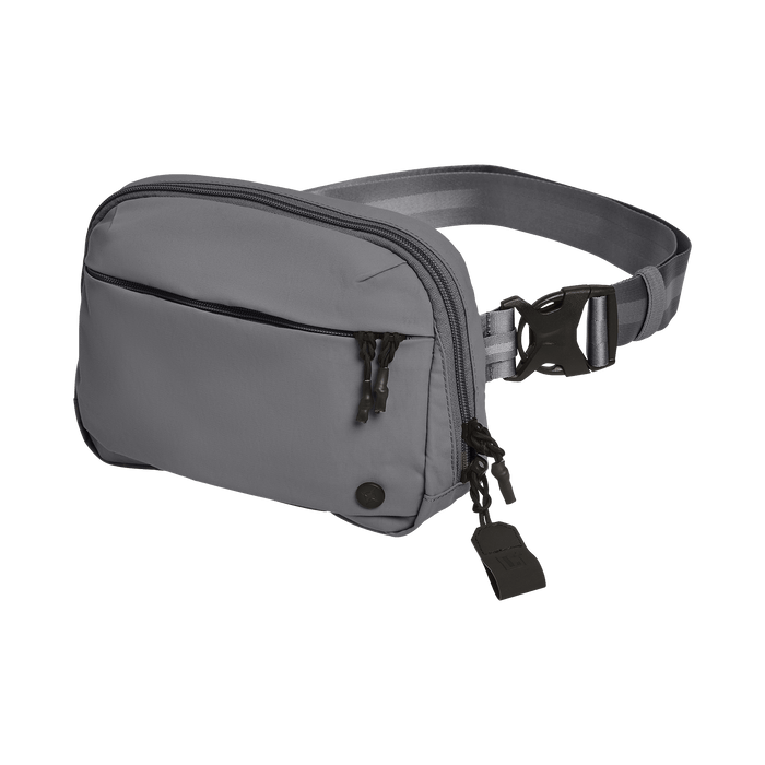 The Vertx Everyday Fanny Pack+ by Vertx, shown in grey against a white background, features an adjustable strap, plastic buckle, and two zippered compartments for secure and accessible storage of your essentials.