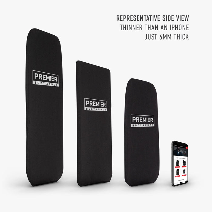 Three black rectangular Eberlestock Fade Sling Level IIIA Armor Inserts from Premier Body Armor stand upright by a smartphone showing a website. The text notes these backpack panels are just 6mm thick—thinner than an iPhone.