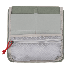 The Vertx Pack Admin Organizer by Vertx is an open fabric organizer featuring multiple differently-sized pockets. The top section includes two slots, the middle section has a grey pocket, and the bottom section features a white mesh zipper pocket with a small red loop on the zipper pull for efficient gear management using Tactigami™ Admin Zipper Pouches.
