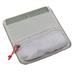 The Vertx Pack Admin Organizer by Vertx is a square, gray Tactigami™ organizer pouch with beige edges. It includes two open compartments at the back, a front compartment covered with mesh and transparent plastic, and a red pull tab on the zipper for streamlined gear management.