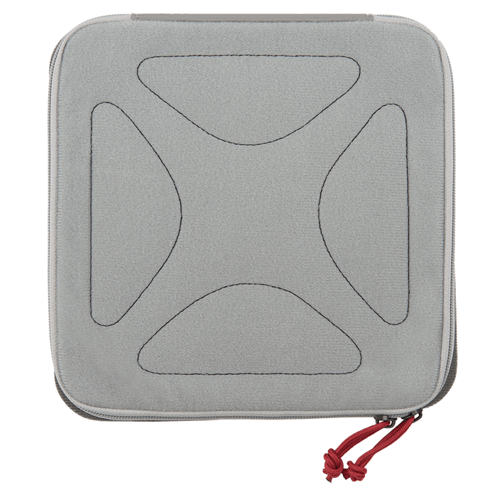 A square, light gray carrying case with rounded corners and a geometric pattern stitched on the front. The Vertx Pack Organizer Medium has a zipper closure, with two red zipper pulls on the bottom right side. Featuring the Tactigami™ system from Vertx, it integrates seamlessly with Medium Pack Organizers for versatile use.