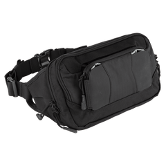The Vertx SOCP Tactical Fanny Pack by Vertx comes in black and features multiple zippered compartments with an adjustable strap. The front boasts a prominent zippered pocket, while the sides include additional smaller pockets and loops. Its durable material is suitable for outdoor use and can accommodate a body armor insert.