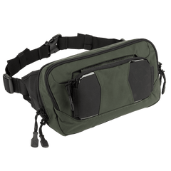 The Vertx SOCP Tactical Fanny Pack, from the brand Vertx, is a green and black pack featuring multiple compartments and zippers, along with an adjustable strap. It boasts a spacious main compartment and an easily accessible front pocket. The strap is equipped with a plastic buckle for secure fastening, making it ideal for integrating a body armor insert.