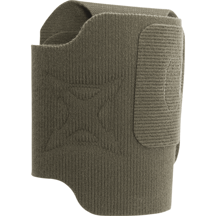 A Vertx Tactigami - MPH SUB in khaki-green, featuring a pocket and large velcro strap, perfect for securing or storing items, displayed on a white background. This multi-purpose holster by Vertx boasts stitched detailing and an embossed design on the front.