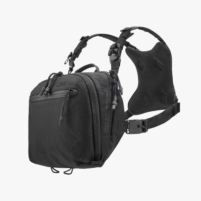 The Viktos Low Key Chest Rig by Viktos is a black, compact tactical bag made from weather-resistant nylon, with multiple zippers and compartments, adjustable padded straps, and back padding. Shown on a plain white background.