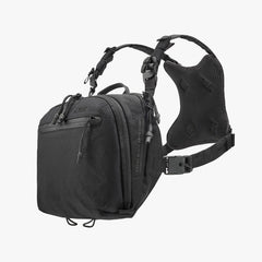 The Viktos Low Key Chest Rig by Viktos is a black, compact tactical bag made from weather-resistant nylon, with multiple zippers and compartments, adjustable padded straps, and back padding. Shown on a plain white background.