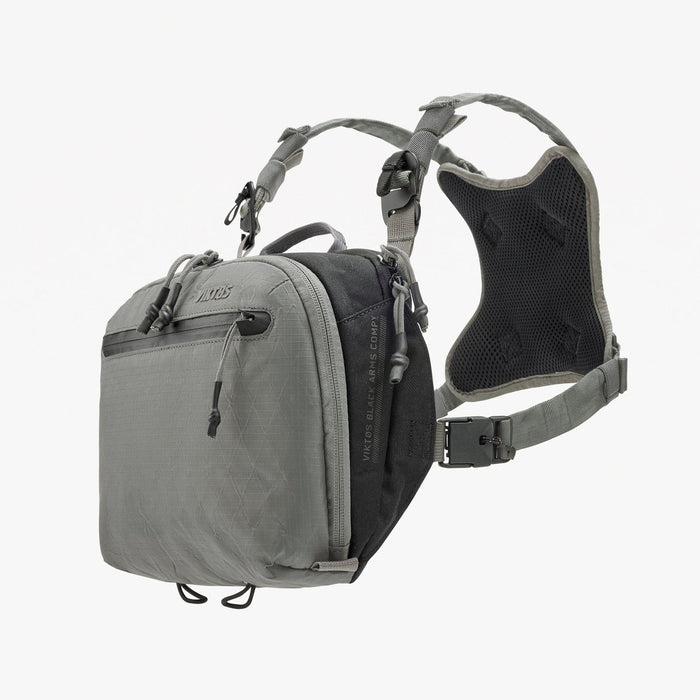 The Viktos Low Key Chest Rig by Viktos is a grey, weather-resistant nylon bag with straps—ideal as a tactical go-bag for everyday adventures.