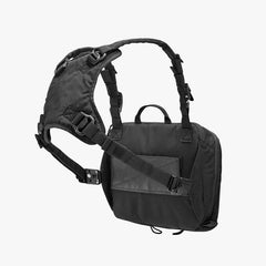 The Viktos Low Key Chest Rig by Viktos is displayed upright against a plain white background. This black, rectangular chest rig features weather-resistant nylon, adjustable padded shoulder straps, a top handle, and a front zip pocket.