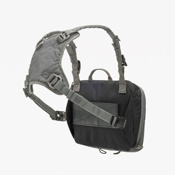The Viktos Low Key Chest Rig by Viktos is a black and gray tactical chest rig made from weather-resistant nylon, with adjustable shoulder straps and multiple buckles, displayed against a plain white background.