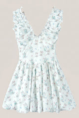 Vintage A-Line V-Neck Printed Cotton Mini Dress in White