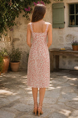 Vintage Flower V-Neck Printed Cotton Midi Dress in Red