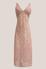 Vintage Flower V-Neck Printed Cotton Midi Dress in Red