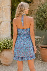 Vintage Halter Sheath Printed Cotton Mini Dress in Blue