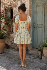 Vintage Rose Printed Cotton Mini Dress With Sleeves in Yellow
