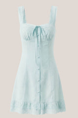 Vintage Sheath Spaghetti Strap Lace Cotton Mini Dress in Blue