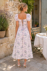 Vintage Square Neck A -Line Rose Printed Cotton Midi Dress in Pink