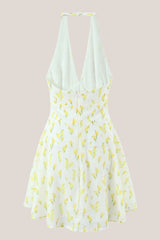 Warm Halter Rose Printed Cotton Mini Dress in White
