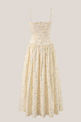 Warm Rose Printed Square Neck A-Line Cotton Midi Dress in Yellow