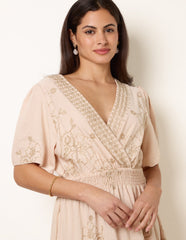 Wrap Front Metallic Embroidery Floral Dress