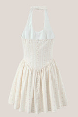 White Halter Vintage Rose Printed A-Line Mini Dress