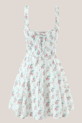 White Vintage Rose Printed A-Line Cotton Mini Dress