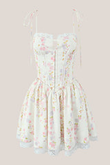 White Warm Rose Print Cotton Lace-Trim Mini Dress